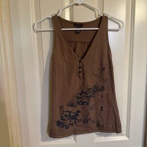 Mango Brown Embellished Tank Top with Black Abstract Print